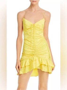 For Love & Lemons Yellow Ruched Ruffle Slip Dress